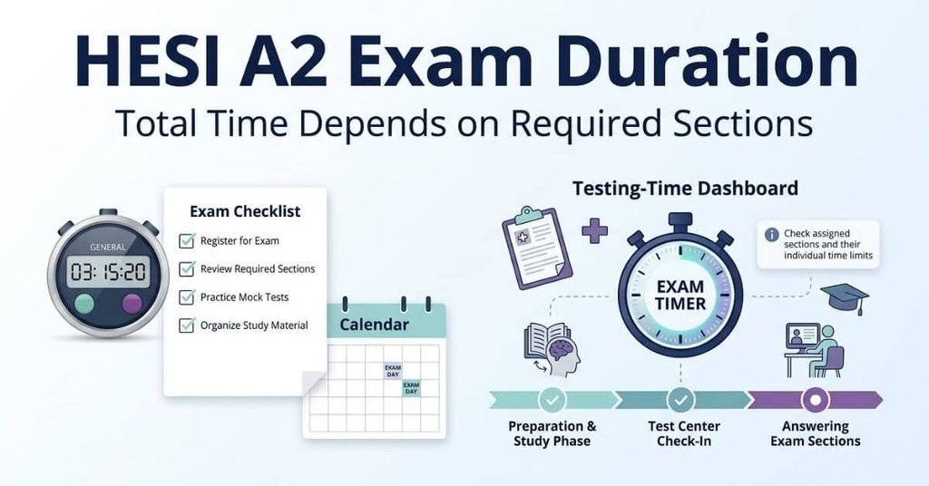 HESI A2 exam duration infographic showing testing time, exam planning, and factors affecting total test duration.