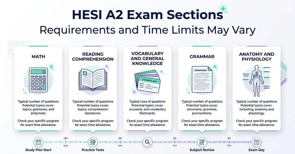 HESI A2 exam sections infographic featuring math, reading comprehension, vocabulary, grammar, and anatomy and physiology.