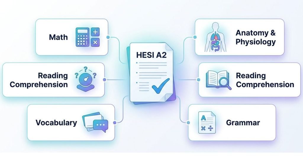 HESI A2 exam subjects including math, anatomy and physiology, reading comprehension, vocabulary, and grammar.