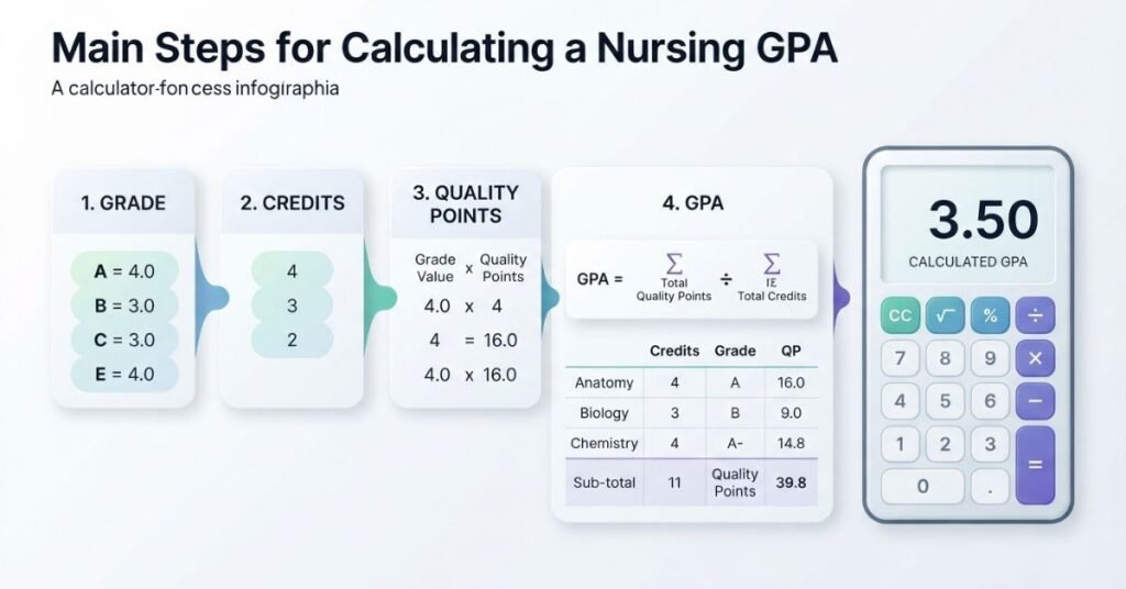 How to calculate nursing GPA using grades, credits, quality points, and GPA formula