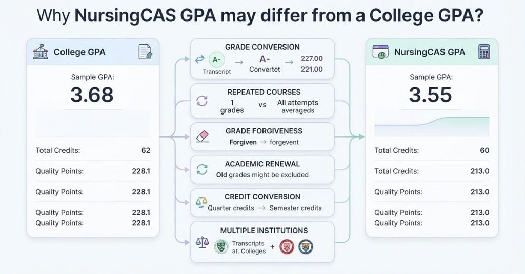NursingCAS GPA vs college GPA comparison showing grade conversion and repeated course factors