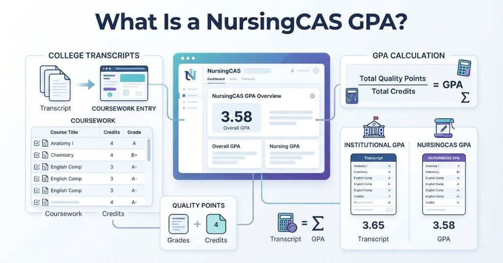 NursingCAS GPA calculation dashboard showing coursework, grades, credits, and GPA