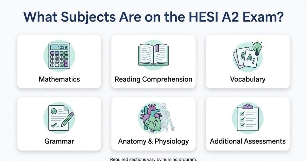 HESI A2 exam subjects including mathematics, reading comprehension, vocabulary, grammar, anatomy and physiology.