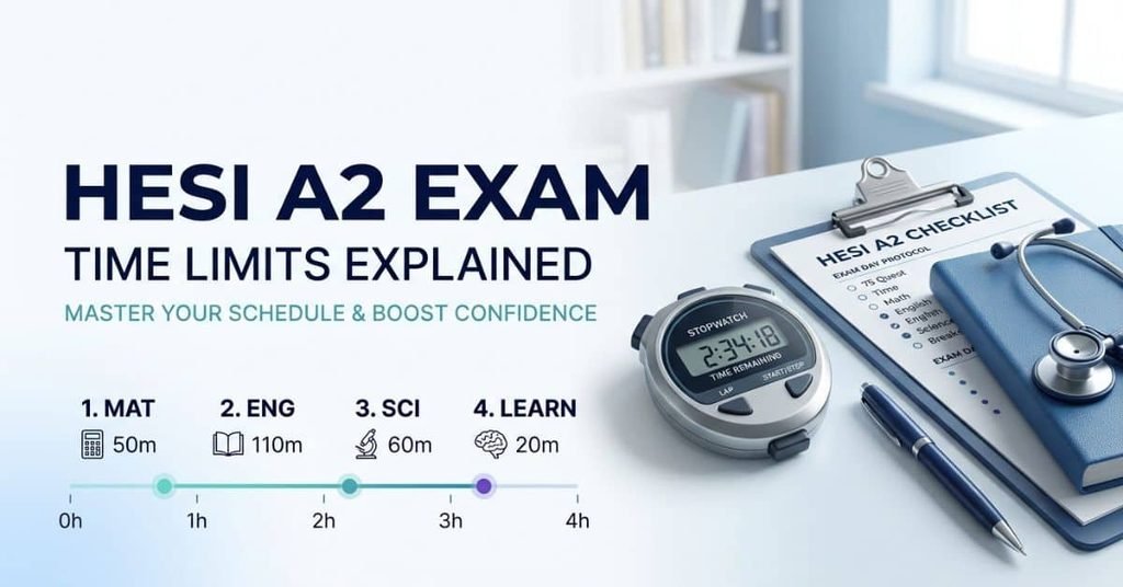 HESI A2 exam time limits explained with a stopwatch, exam checklist, and nursing test preparation materials.