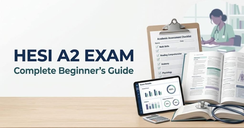 HESI A2 exam beginner’s guide featuring nursing study materials, an academic assessment checklist, and exam preparation tools.